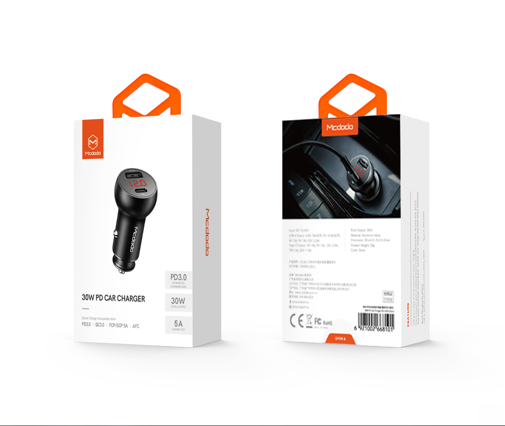 Mcdodo �adowarka samochodowa Mushrooms 2USB USB-A/typ-C PD czarna 30W CC-6810 / 10