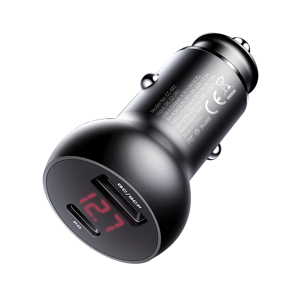 Mcdodo �adowarka samochodowa Mushrooms 2USB USB-A/typ-C PD czarna 30W CC-6810 / 2