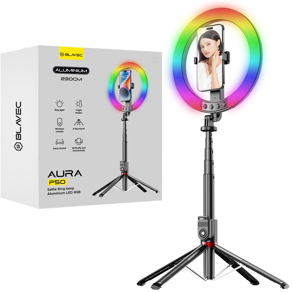 Mocna Lampa Pier�cieniowa Selfie Stick Ring 25cm RGB LED Kijek Statyw 230cm czarny Realme GT Neo 3T 5G