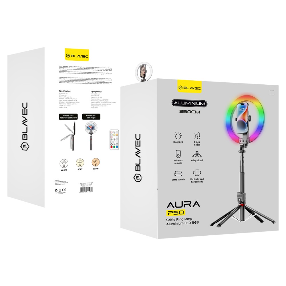 Mocna Lampa Pier�cieniowa Selfie Stick Ring 25cm RGB LED Kijek Statyw 230cm czarny Realme GT Neo 3T 5G / 8
