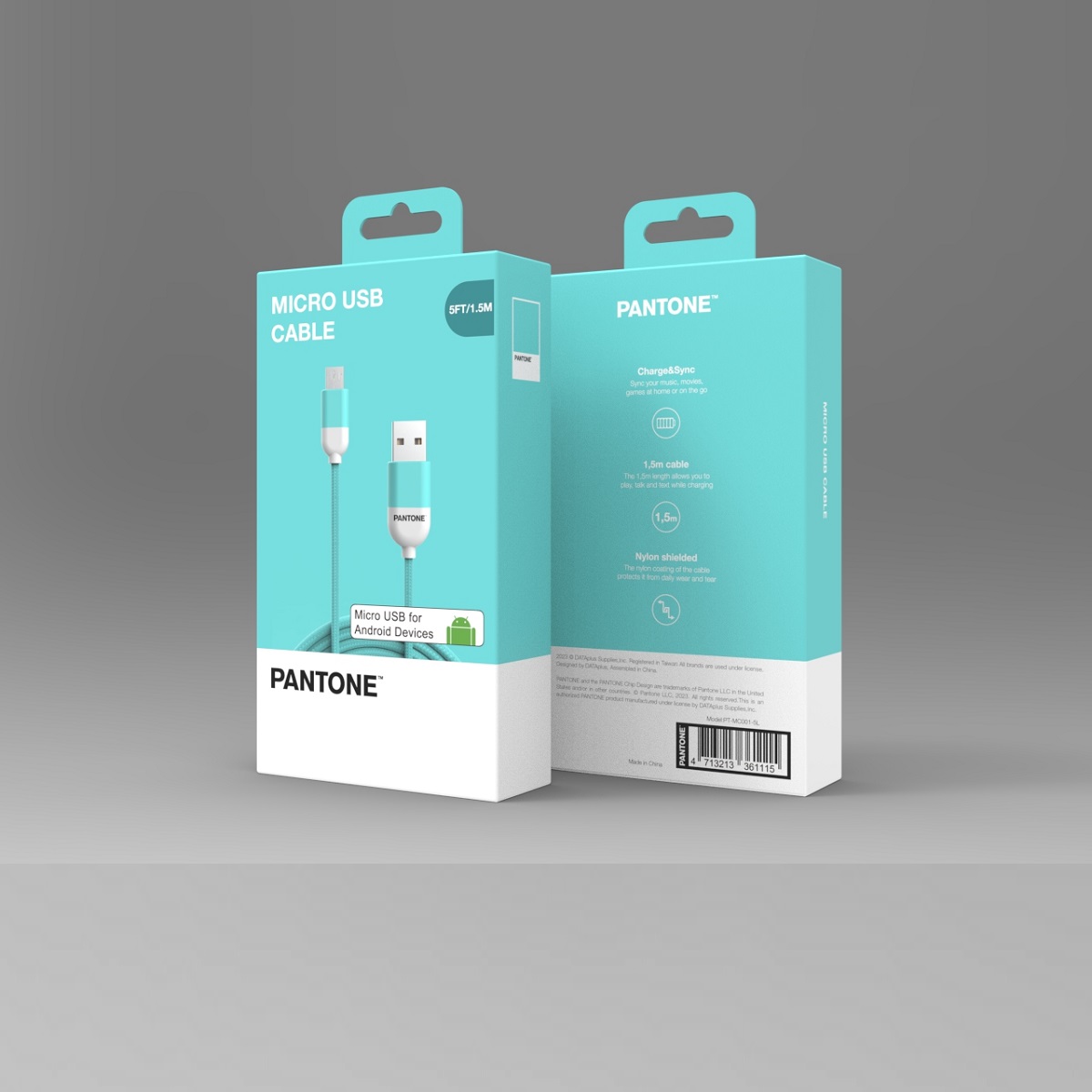 PANTONE kabel USB - microUSB 1,5m 2,4A PT-MC001-5 Teal 3242C / 2