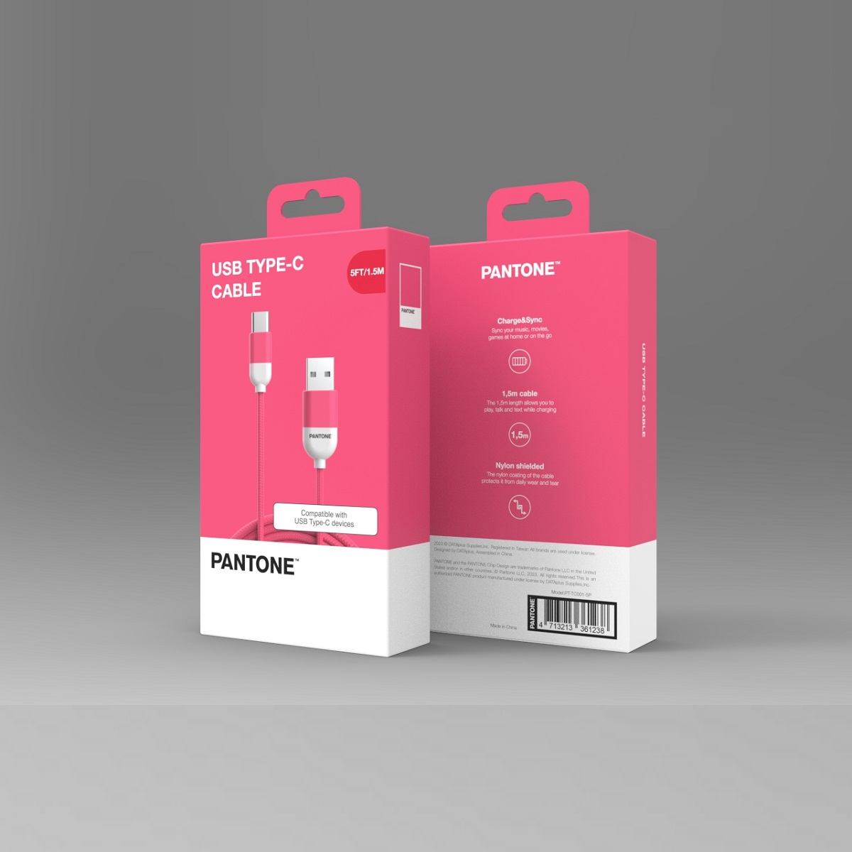 PANTONE kabel USB - USB-C 1,5m 2,4A PT-TC001-5 Pink 184C / 2