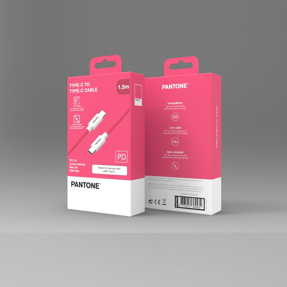 PANTONE kabel USB-C - USB-C 1,5m 60W PT-CTC002-5 Pink 184C / 2