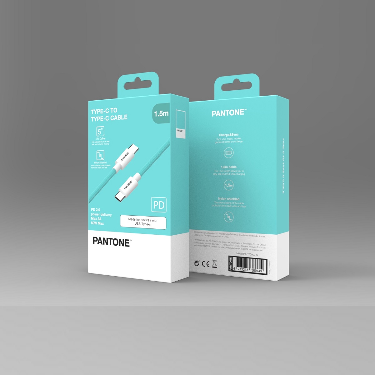 PANTONE kabel USB-C - USB-C 1,5m 60W PT-CTC002-5 Teal 3242C / 2