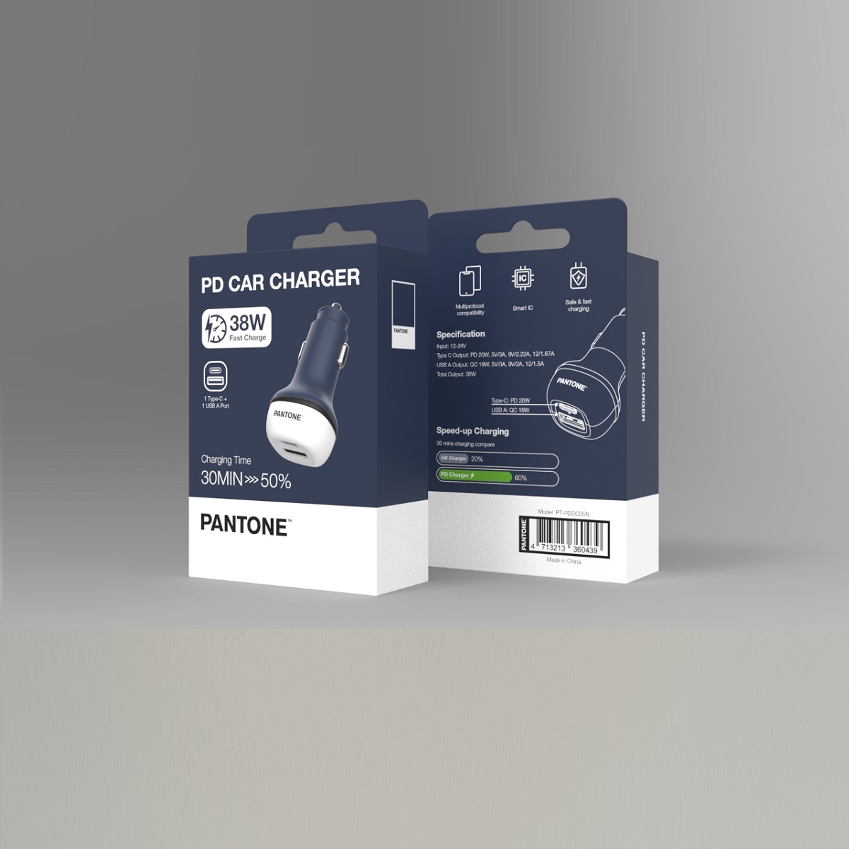 PANTONE adowarka samochodowa 38W PD QC 1x USB 1x USB-C PT-PDDC05 Navy 2380C / 3