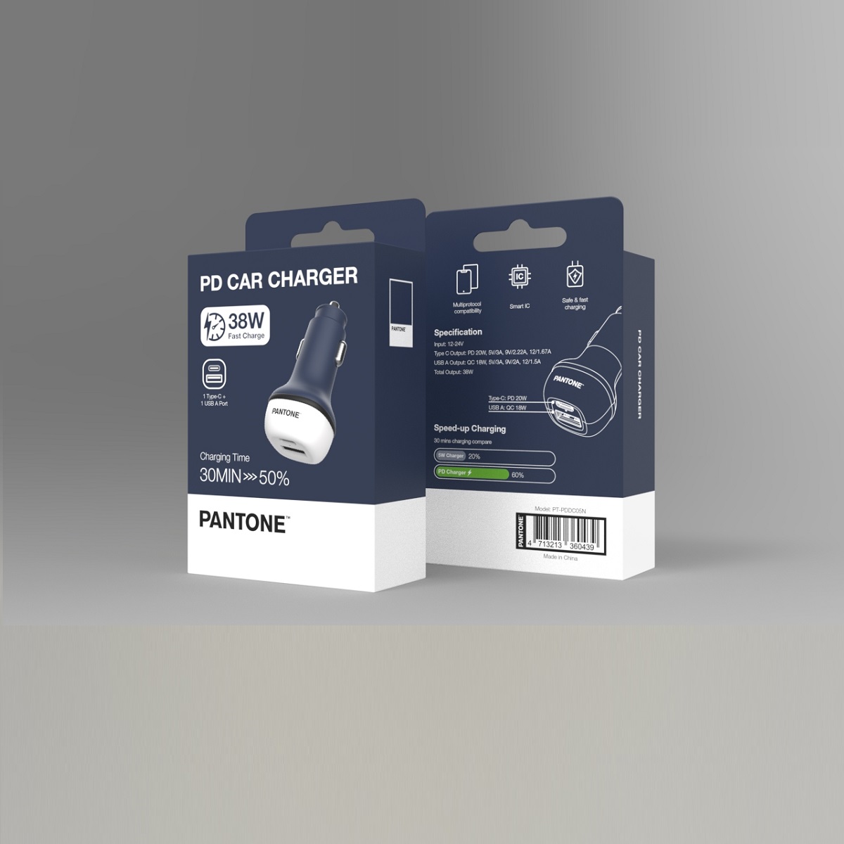 PANTONE �adowarka samochodowa 38W PD QC 1x USB 1x USB-C PT-PDDC05 Navy 2380C / 3