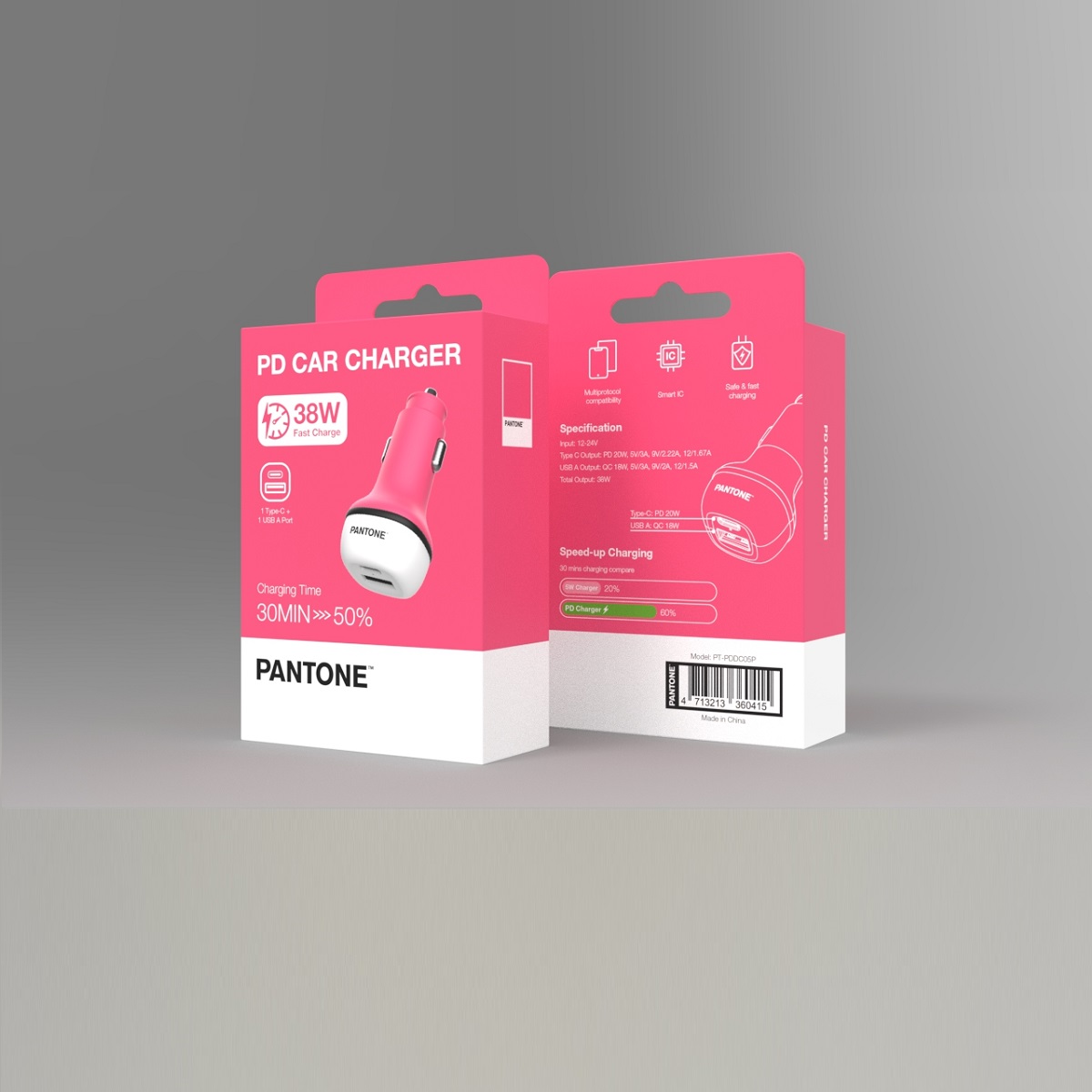 PANTONE adowarka samochodowa 38W PD QC 1x USB 1x USB-C PT-PDDC05 Pink 184C / 3