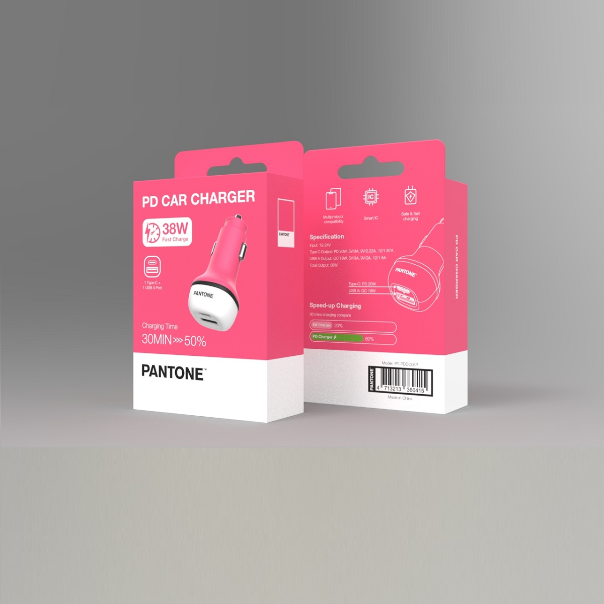 PANTONE �adowarka samochodowa 38W PD QC 1x USB 1x USB-C PT-PDDC05 Pink 184C / 3