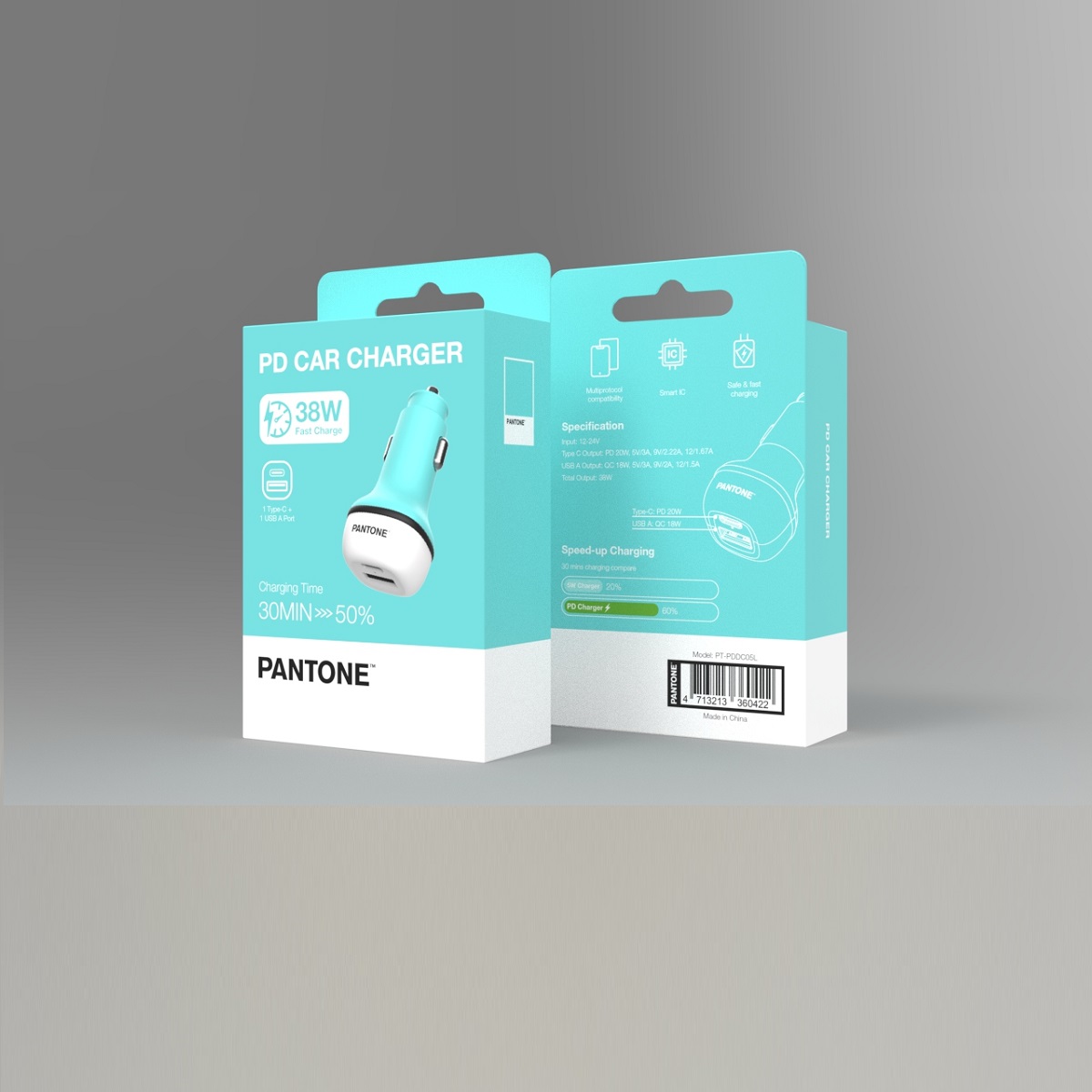 PANTONE �adowarka samochodowa 38W PD QC 1x USB 1x USB-C PT-PDDC05 Teal 3242C / 3