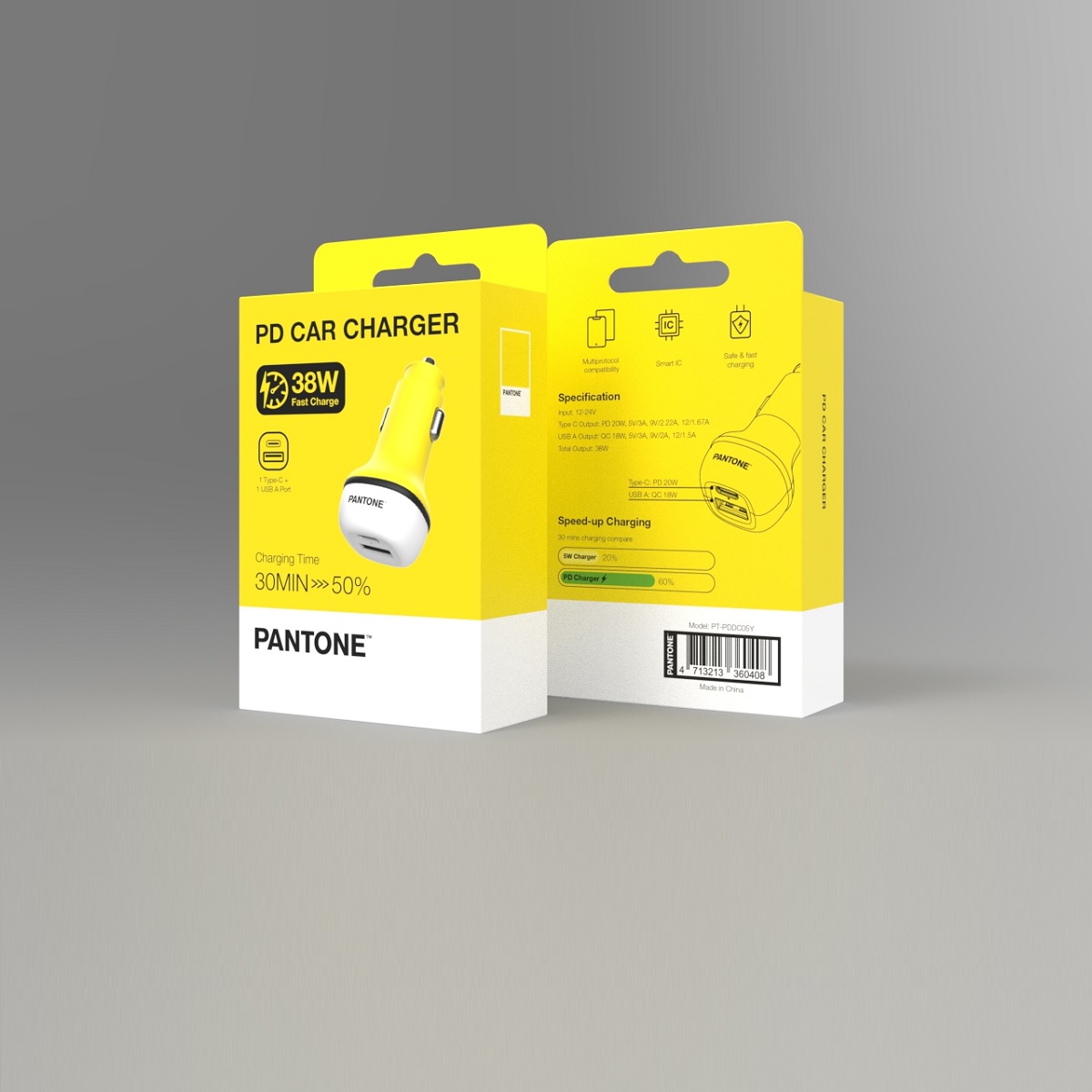 PANTONE �adowarka samochodowa38W PD QC 1x USB 1x USB-C PT-PDDC05 Yellow 102C / 3