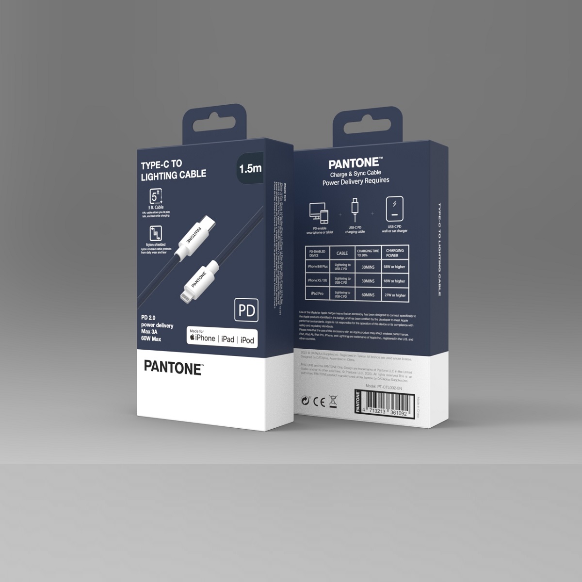 PANTONE MFi kabel Lightning - USB-C 1,5m PT-CTL002-5 Navy 2380C / 3