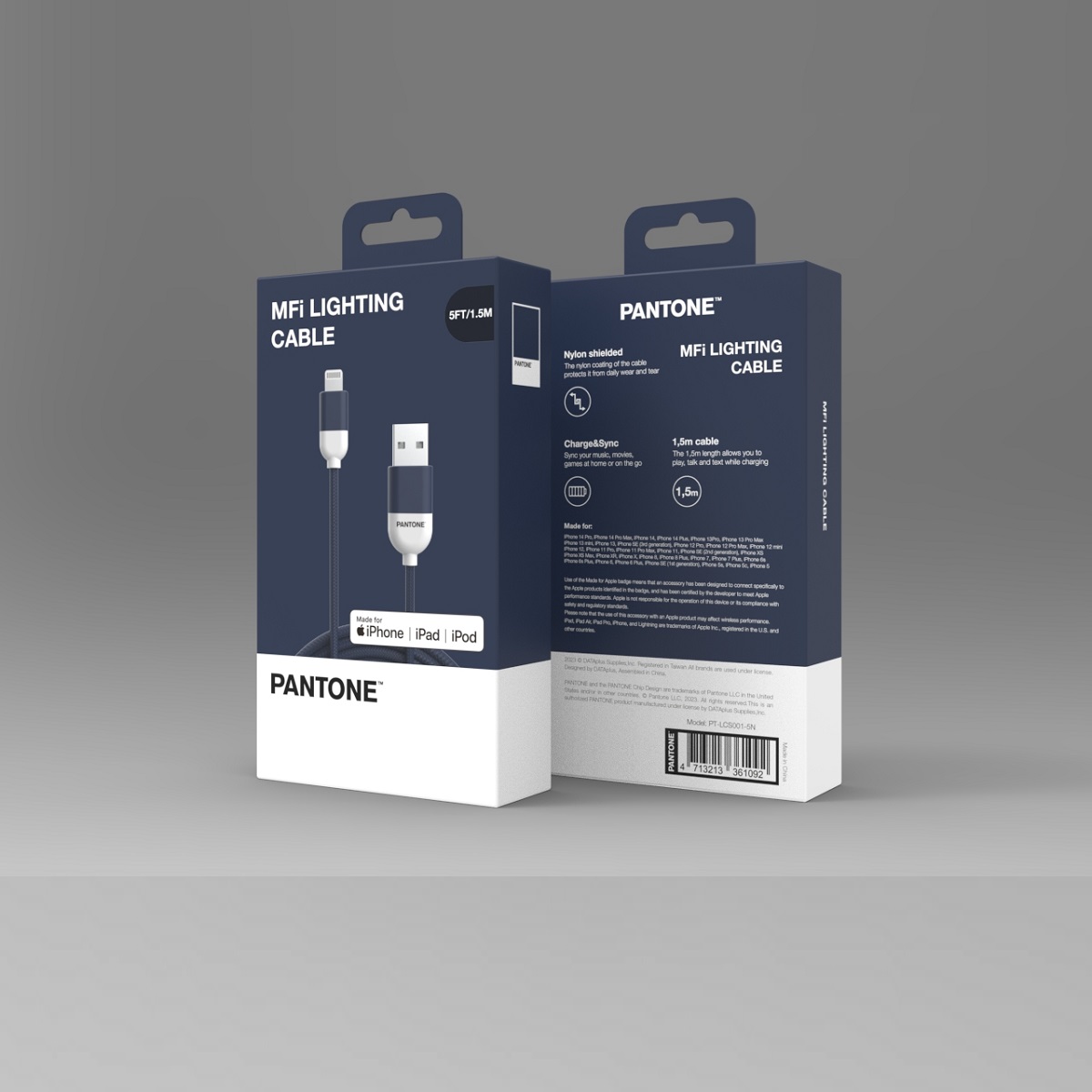 PANTONE MFi kabel USB - Lightning 1,5m 2,4A PT-LCS001-5 Navy 2380C / 3