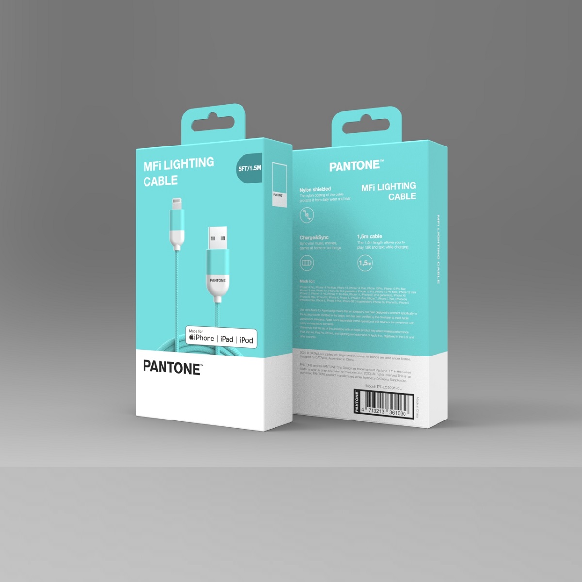 PANTONE MFi kabel USB - Lightning 1,5m 2,4A PT-LCS001-5 Teal 3242C / 3