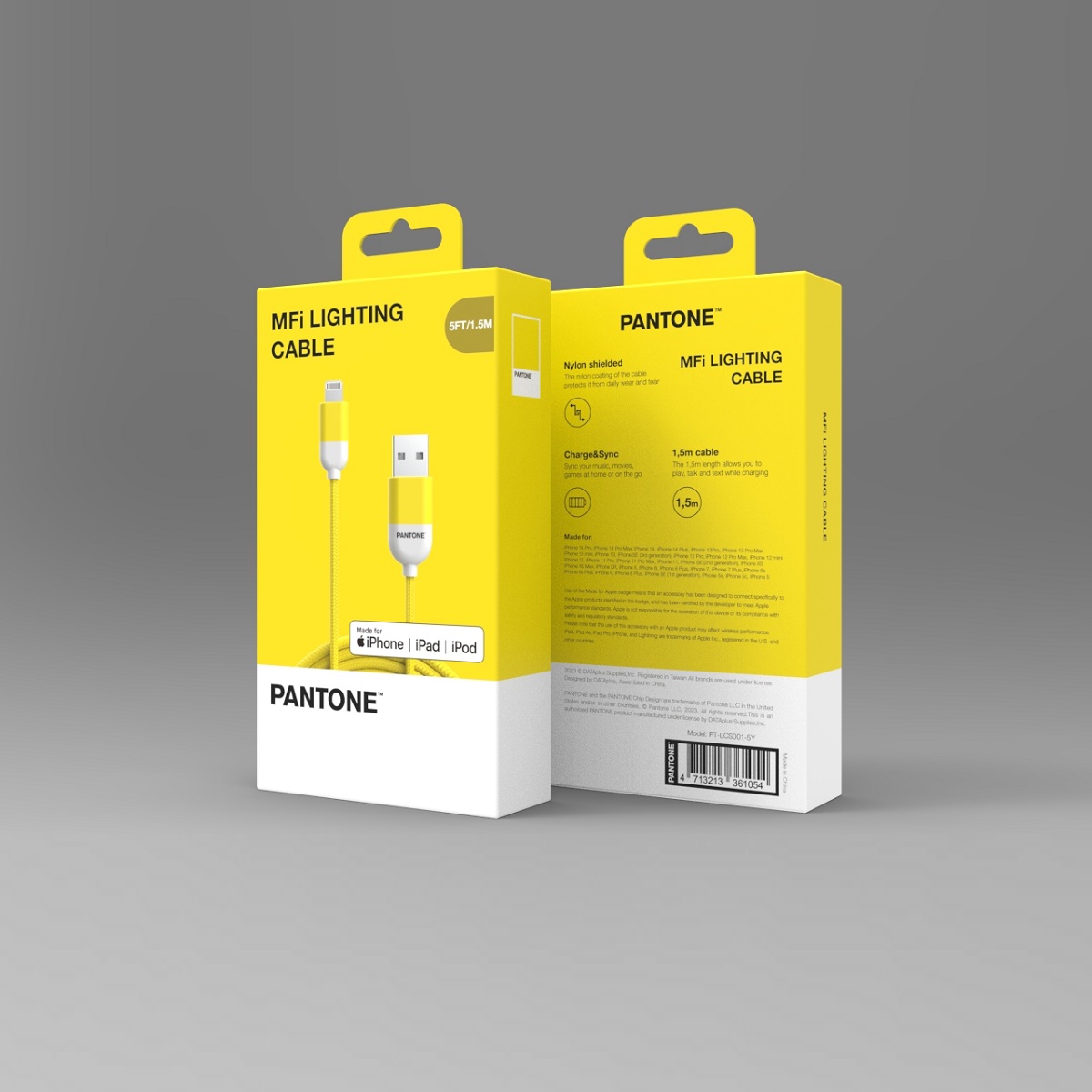 PANTONE MFi kabel USB - Lightning 1,5m 2,4A PT-LCS001-5 Yellow 102C / 3