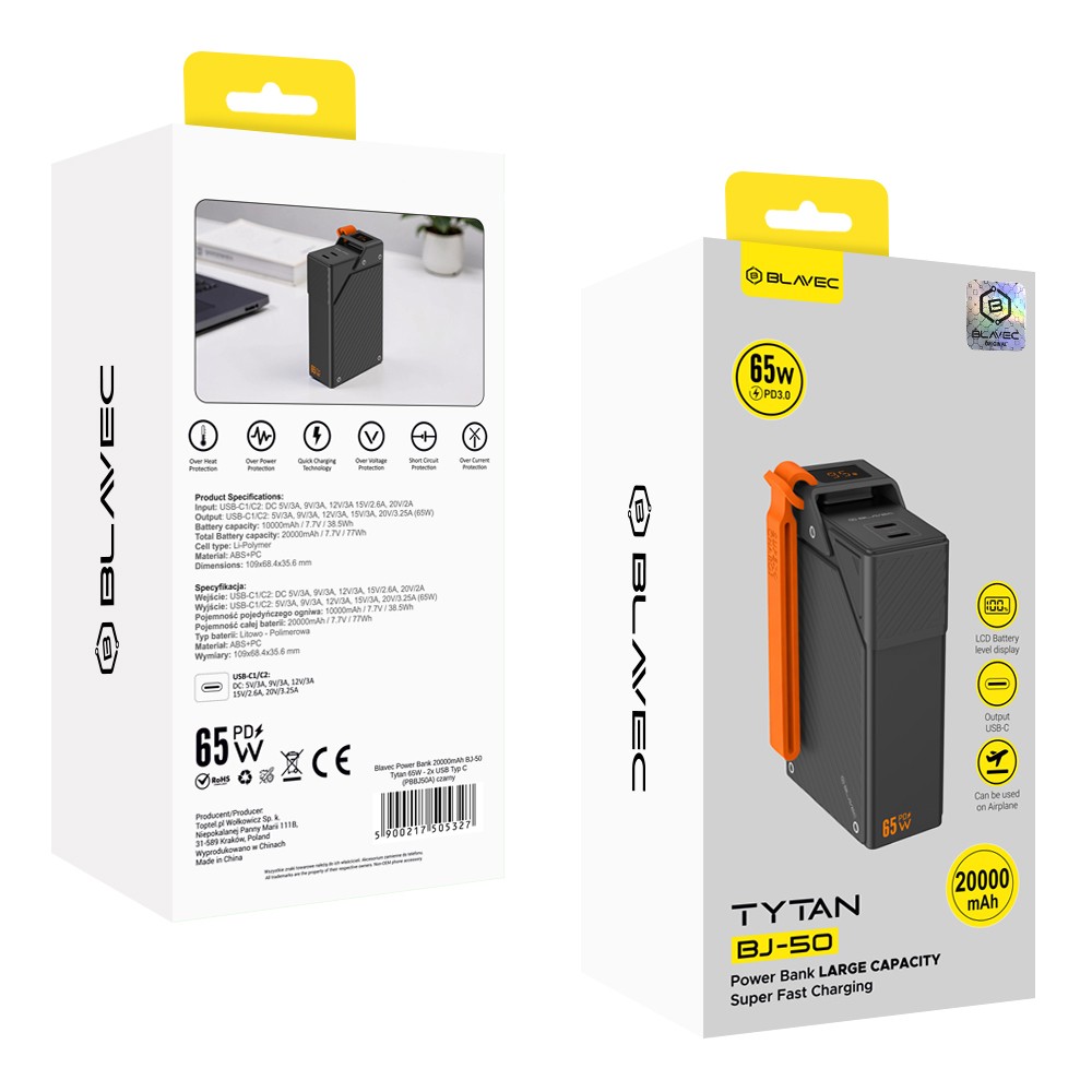 Power Bank Blavec 20000mAh 65W 2x USB-C czarny myPhone Hammer 4 Plus / 8 Power Bank Blavec 20000mAh 65W 2x USB-C czarny myPhone Hammer 4 Plus / 8
