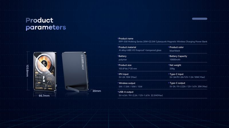 POWERBANK REMAX WALKING SERIES 10000mAh RPP-558 PD20W+QC 22,5W MAGNETIC BLUE / 6