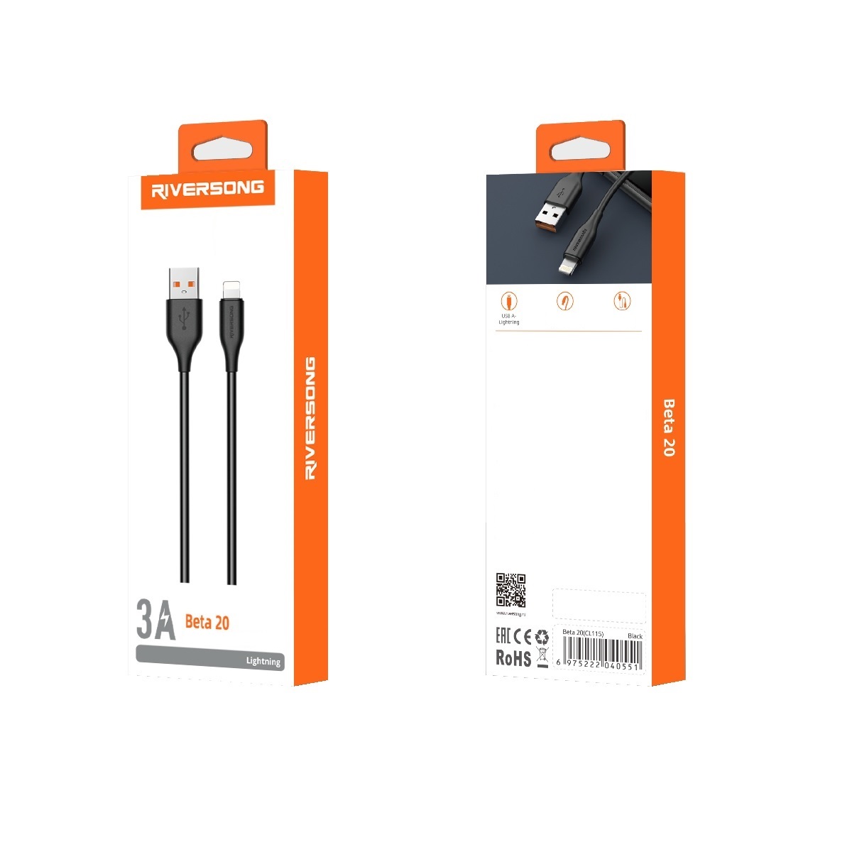 Riversong kabel Beta 20 USB - Lightning 2m 3A czarny CT115 / 2