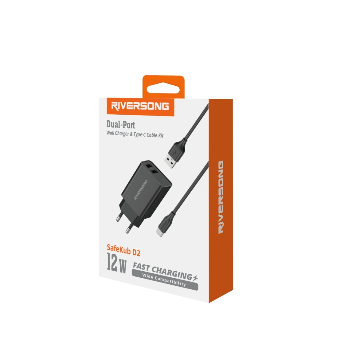 Riversong adowarka sieciowa SafeKub D2 2x USB 12W czarna + kabel USB - USB-C AD29 + CT85 / 2