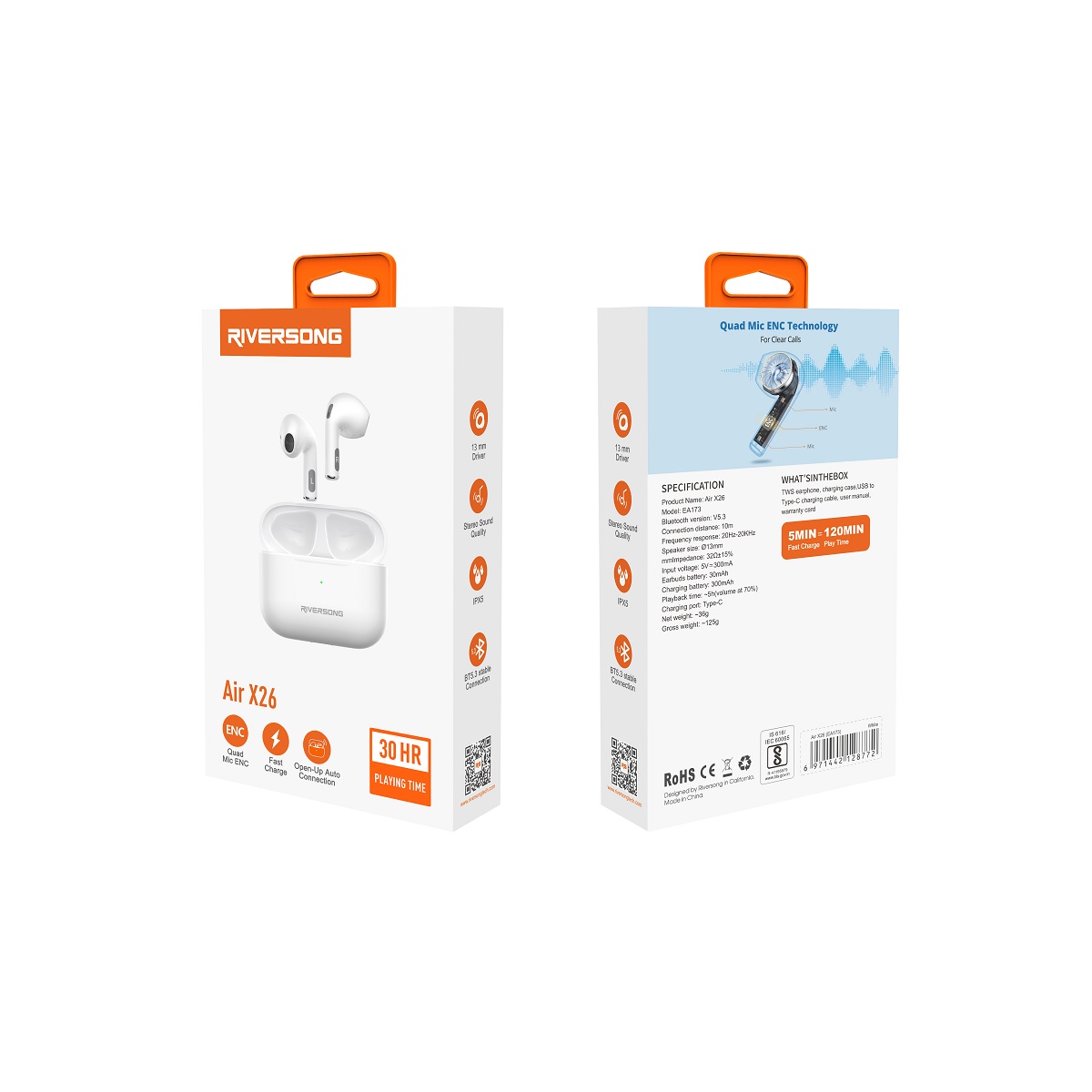 Riversong s�uchawki Bluetooth Air X26 TWS bia�e EA173 / 4