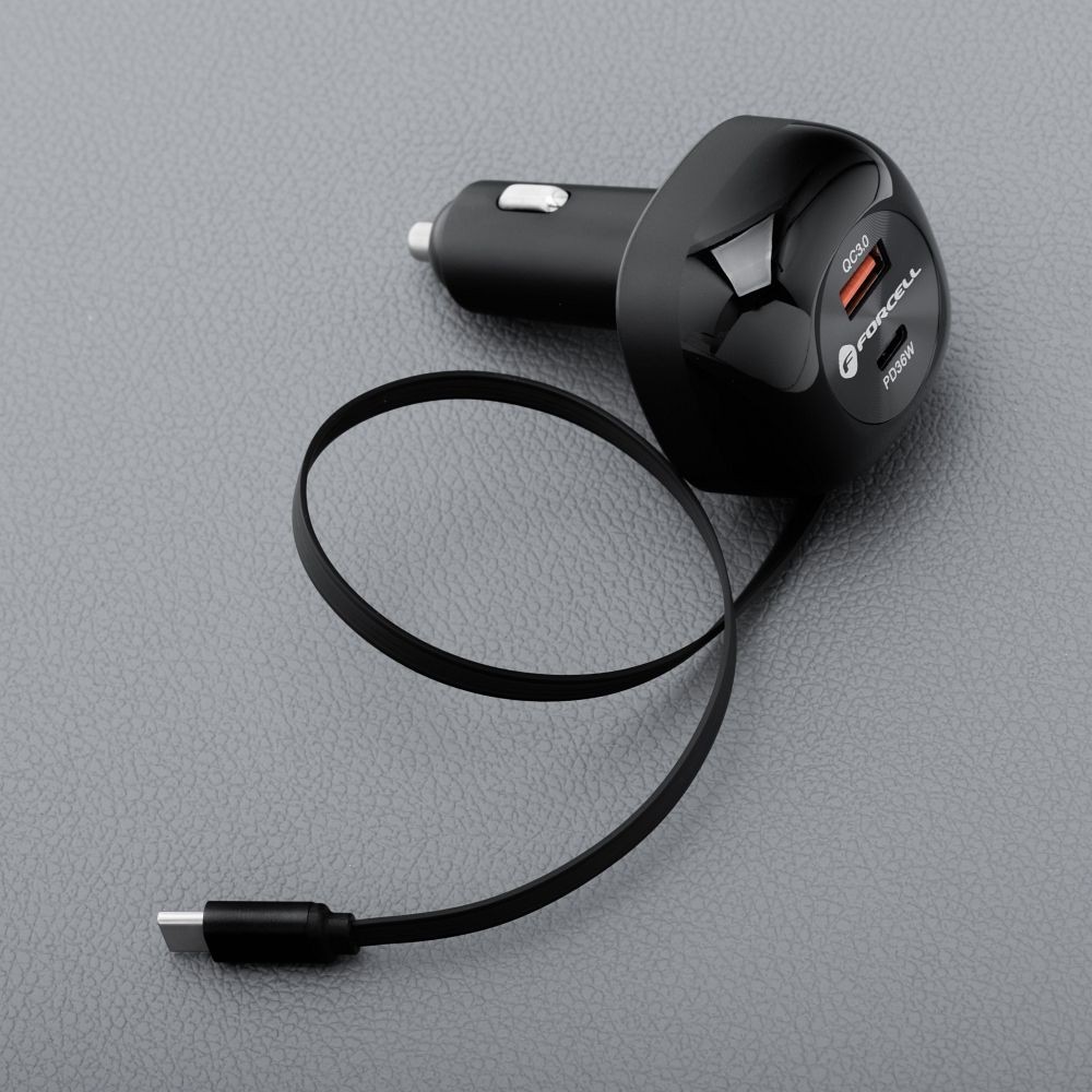 �adowarka samochodowa Forcell 75W USB-C/USB-A ze zwijanym kablem czarna Samsung Galaxy A27 5G / 3