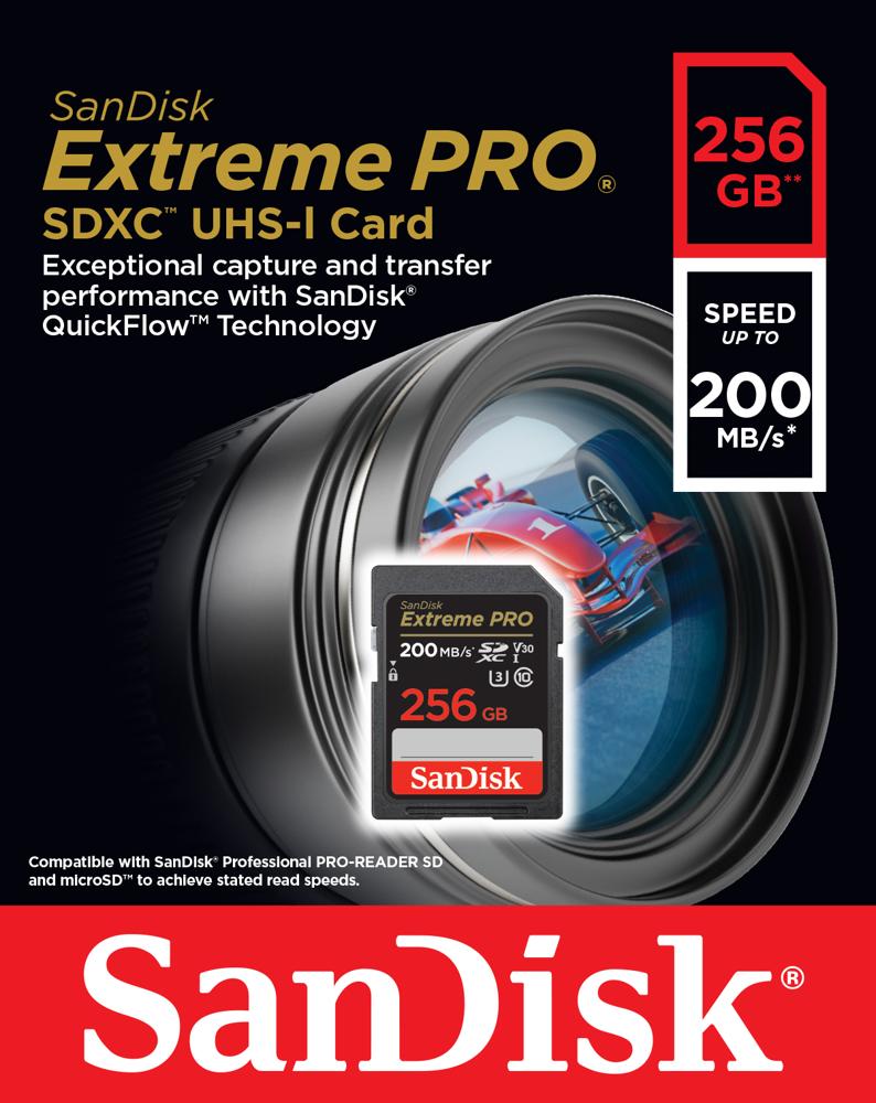 SanDisk karta pamici 256GB SDXC Extreme Pro 200 / 140 MB/s C10 V30 UHS-I U3 / 3