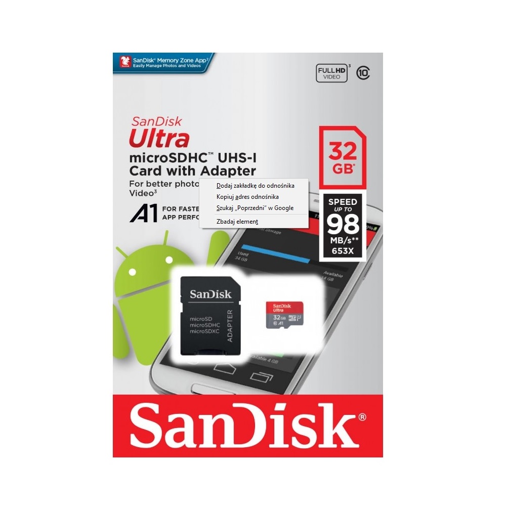 SanDisk karta pami�ci microSDHC dla Androida (32GB | klasa 10 | 98 MB/s | UHS-I) + adapter / 2