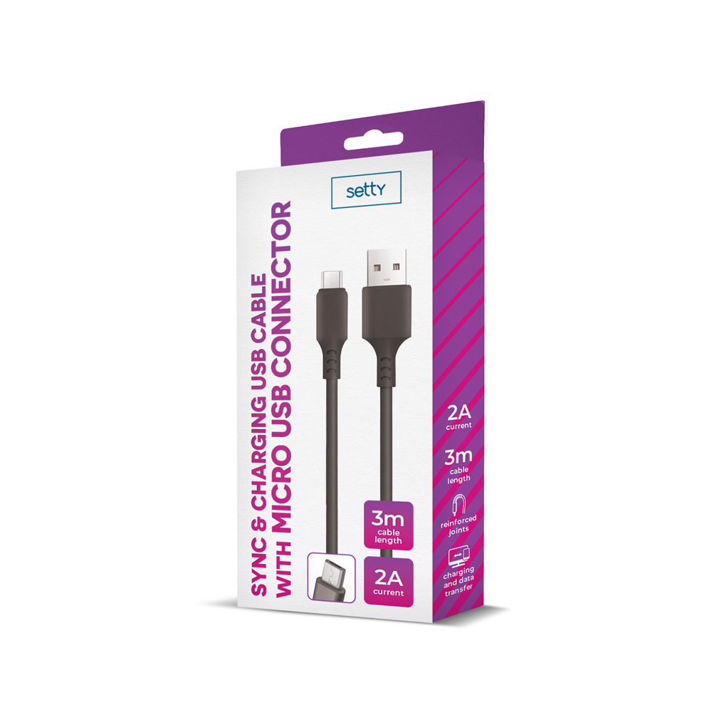 Setty kabel USB - microUSB 3,0 m 2A czarny NEW / 2