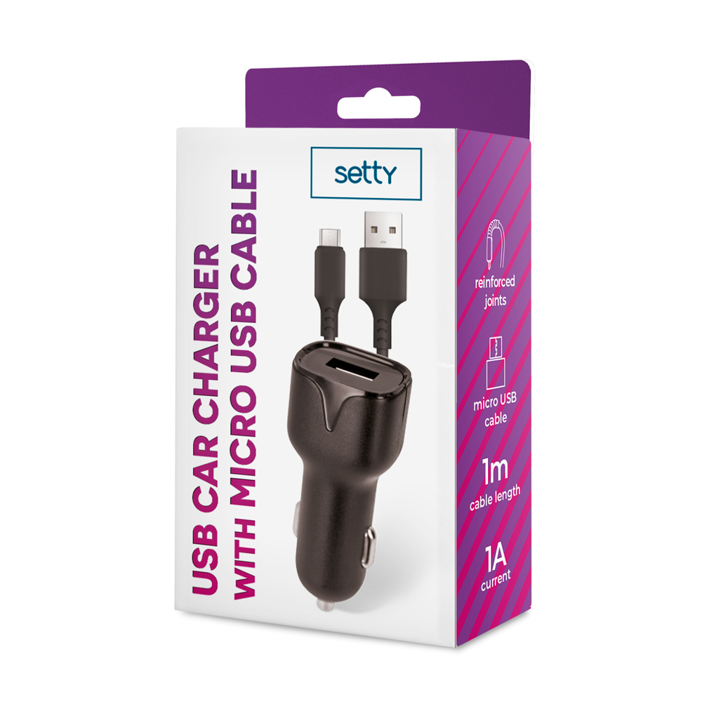 Setty �adowarka samochodowa 1x USB 1A czarna + kabel microUSB 1,0 m NEW / 3
