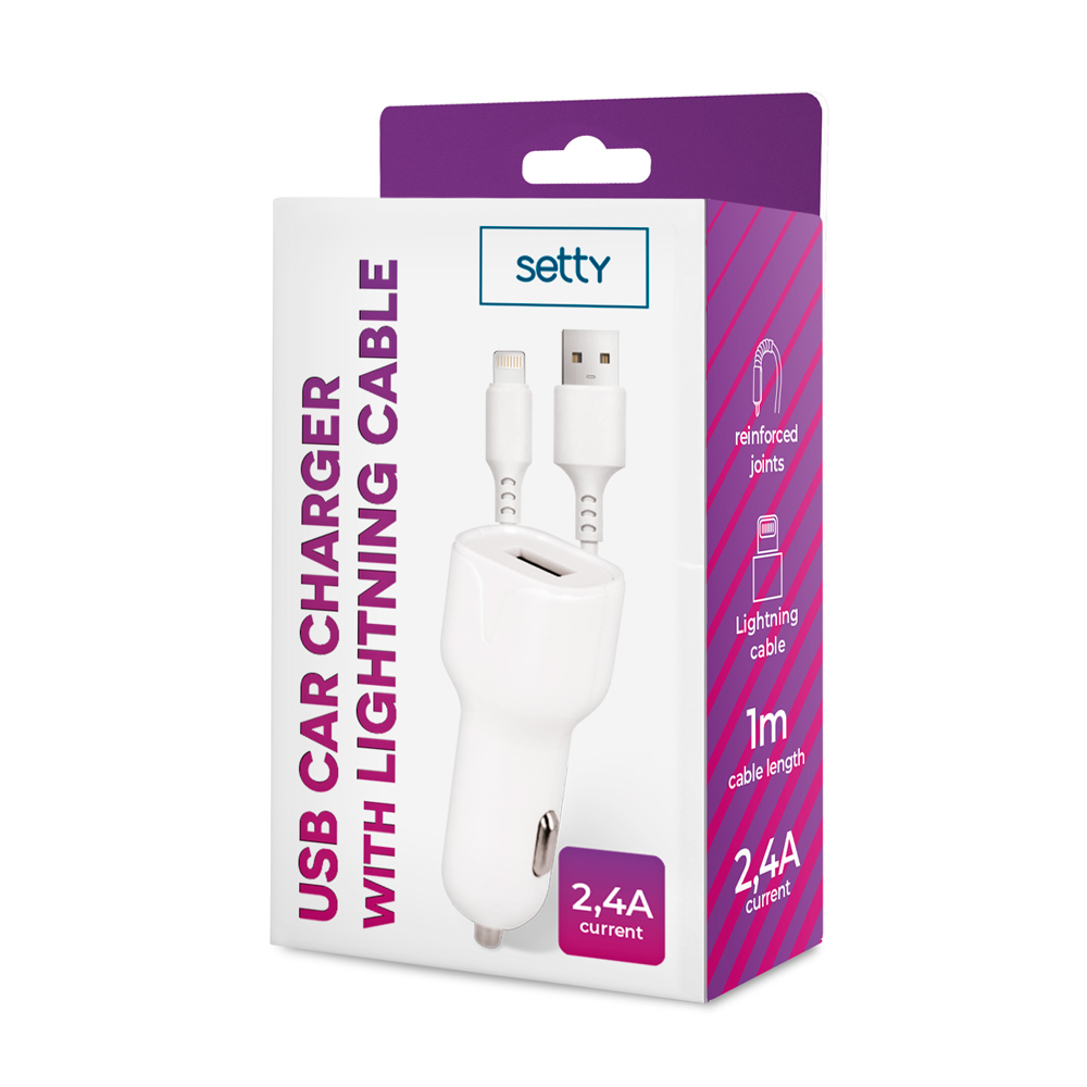 Setty �adowarka samochodowa 1x USB 2,4A bia�a + kabel Lightning 1,0 m NEW / 3