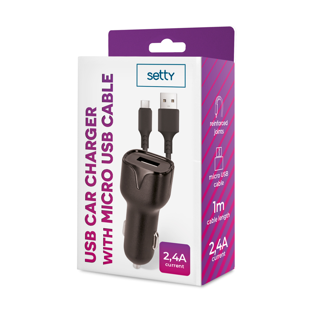 Setty �adowarka samochodowa 1x USB 2,4A czarna + kabel microUSB 1,0 m NEW / 3