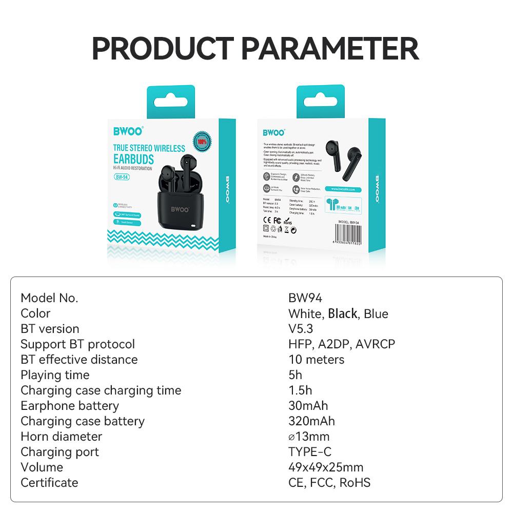 S�uchawki douszne bezprzewodowe bluetooth BWOO TWS do telefonu czarne Oppo Reno 13FS 5G / 12