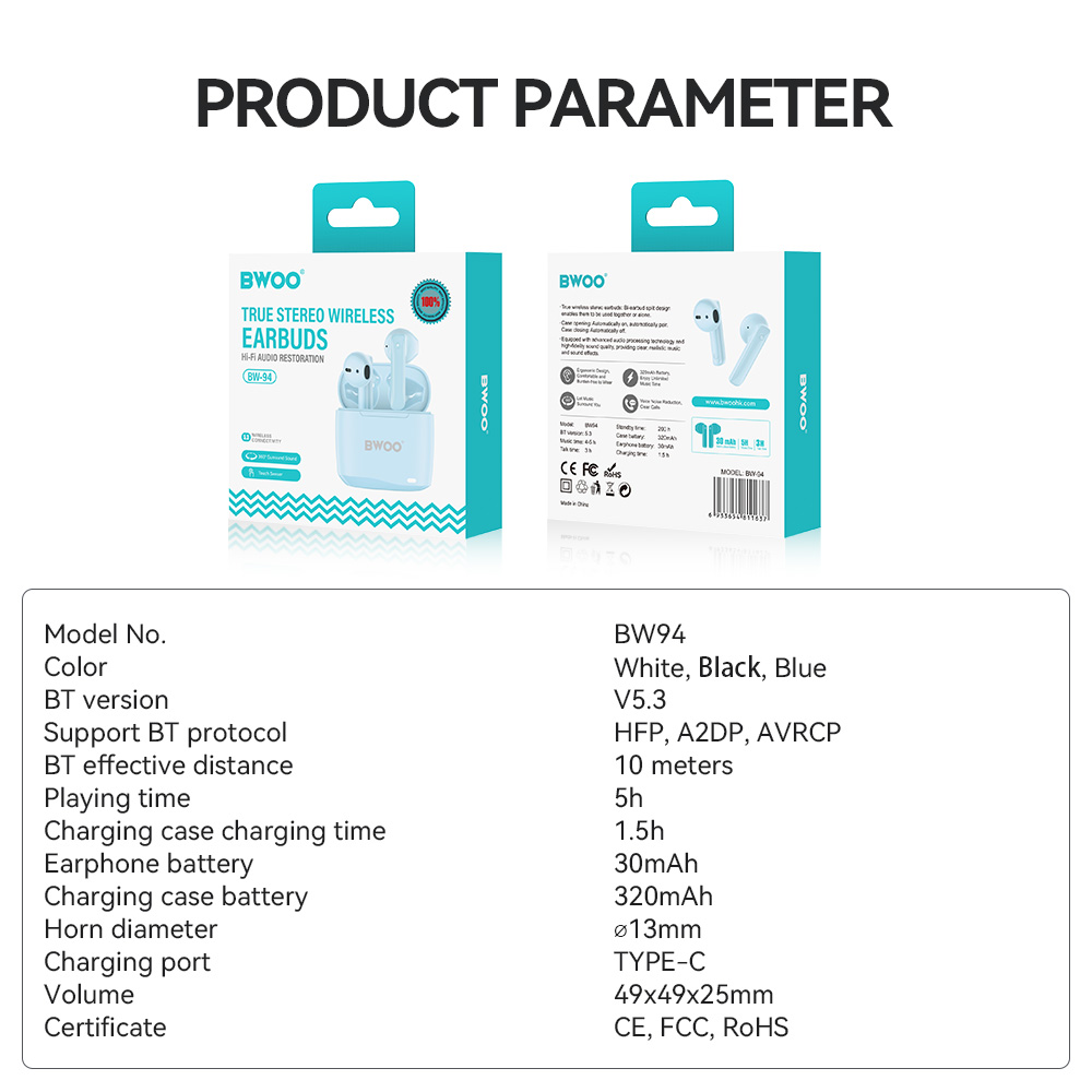 S�uchawki douszne bezprzewodowe bluetooth BWOO TWS do telefonu niebieskie Oppo Reno 13FS 5G / 12