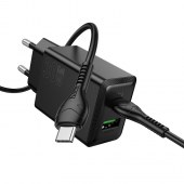 Szybka �adowarka GaN 30W PD QC 3.0 AFC HOCO kostka z kablem USB-C do telefonu 2 wej�cia czarna do Samsung Galaxy S25 Plus