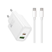 Szybka �adowarka GaN 20W PD QC FCP HOCO z d�ugim kablem 2m USB-C do telefonu 2 wej�cia bia�a do Samsung Galaxy A25 5G