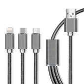 Kabel Maxlife 3w1 nylonowy oplot Micro USB / Typ-C / 8-PIN Fast Charge 2.1A szary