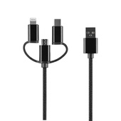 Setty kabel 3w1 USB - Lightning + USB-C + microUSB 1,0 m 2A czarny nylon transmisja danych woreczek do SAMSUNG ZV50