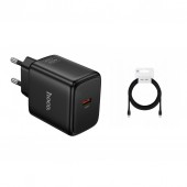 �adowarka Hoco GaN 40W AVS USB-C z d�ugim kablem USB-C 2m czarna do Samsung Galaxy S25 Plus