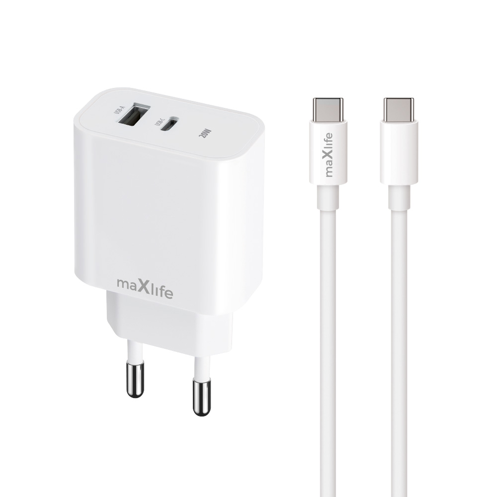 Szybka �adowarka 20W z kablem do telefonu Maxlife  2 porty USB i USB-C bia�a Oppo Reno 13FS 5G