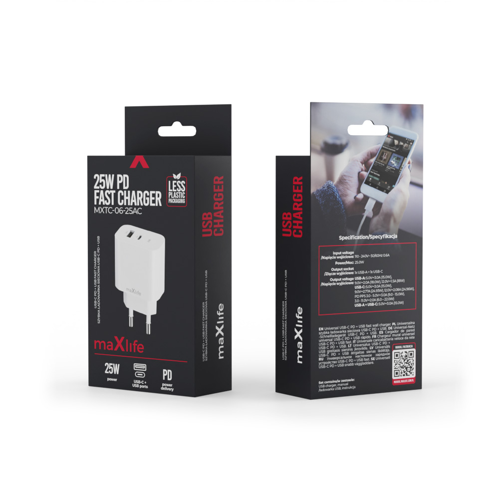 Szybka �adowarka 25W Maxlife 2 wej�cia USB-A i USB-C z kablem 1m do telefonu Oppo Reno 13FS 5G / 7