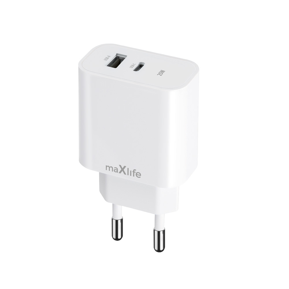 Szybka �adowarka 25W Maxlife kostka bez kabla USB-C do telefonu 2 wej�cia bia�a Oppo Reno 13FS 5G