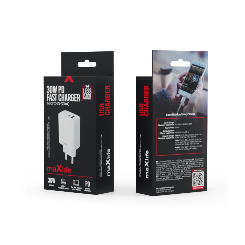 Szybka �adowarka 30W Maxlife 2 wej�cia USB-A i USB-C z d�ugim kablem 2m do telefonu Oppo Reno 13FS 5G / 7