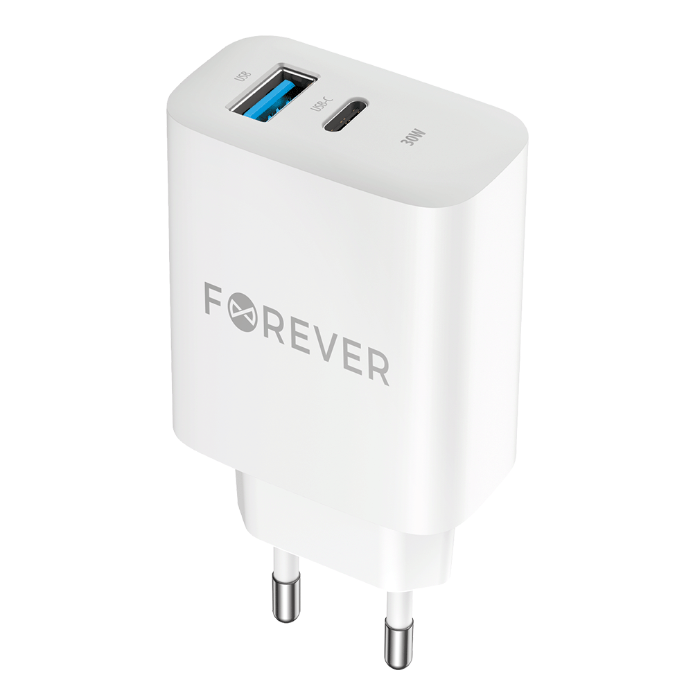 Szybka �adowarka 30W PD QC Forever sama kostka bez kabla USB-C do telefonu 2 wej�cia bia�a Oppo Reno 13FS 5G