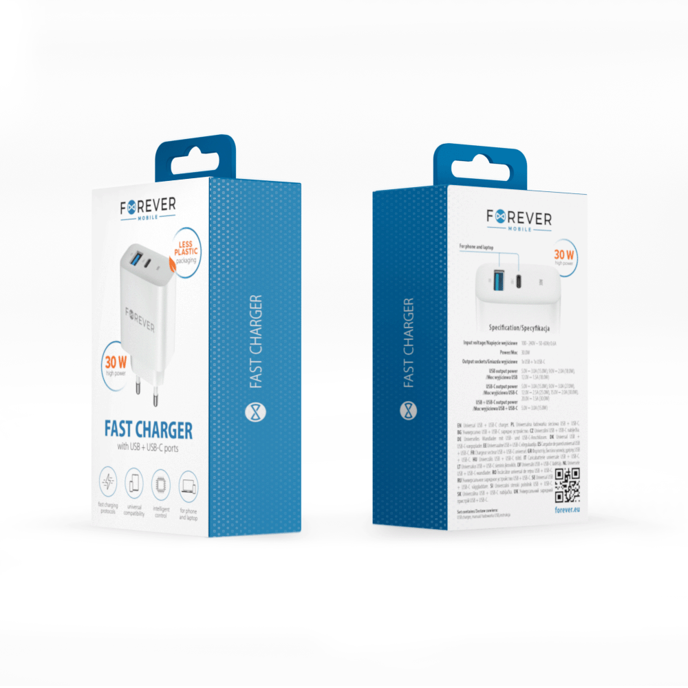 Szybka �adowarka 30W PD QC Forever sama kostka bez kabla USB-C do telefonu 2 wej�cia bia�a Oppo Reno 13FS 5G / 7