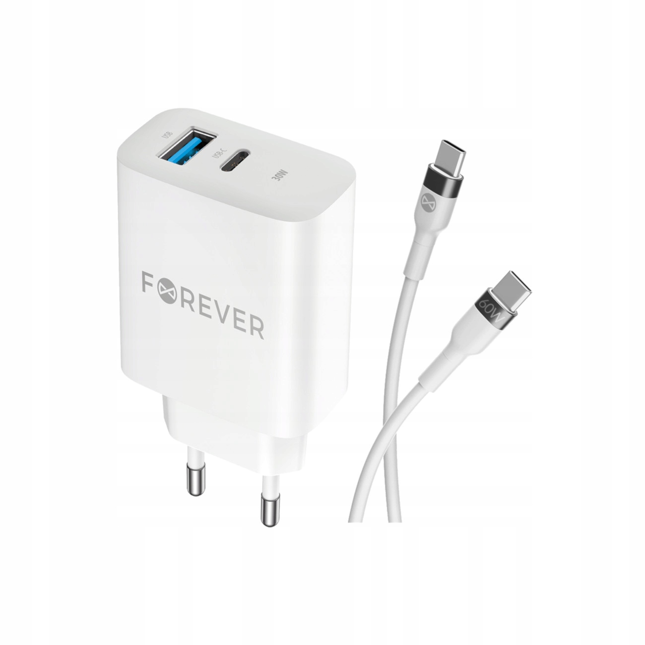Szybka �adowarka 30W PD QC Forever z kablem USB-C 1m do telefonu 2 wej�cia bia�a Oppo Reno 13FS 5G