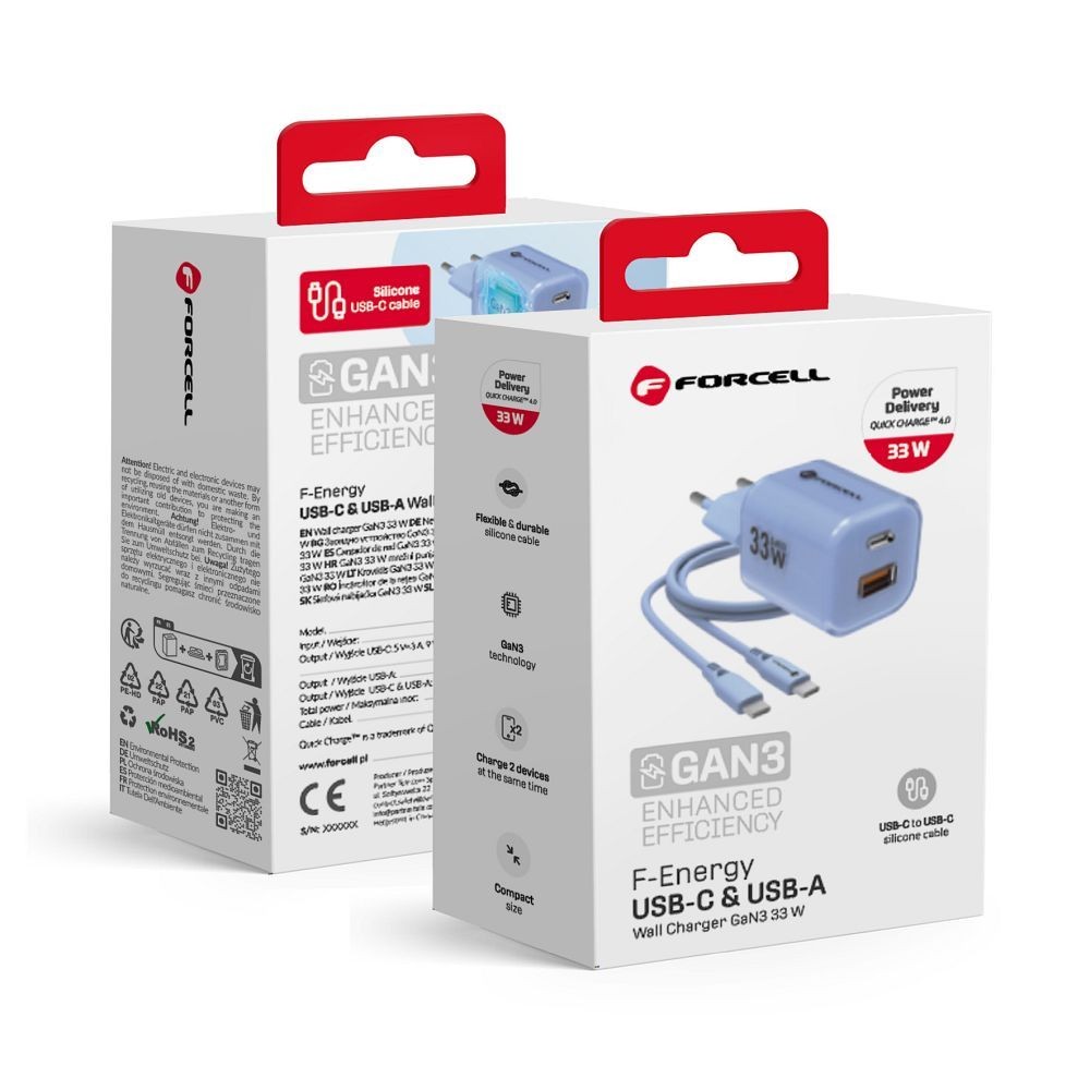 Szybka �adowarka 33W Forcell GaN III 2 porty USB-C USB-A z kablem niebieska Samsung Galaxy A52S 5G / 3