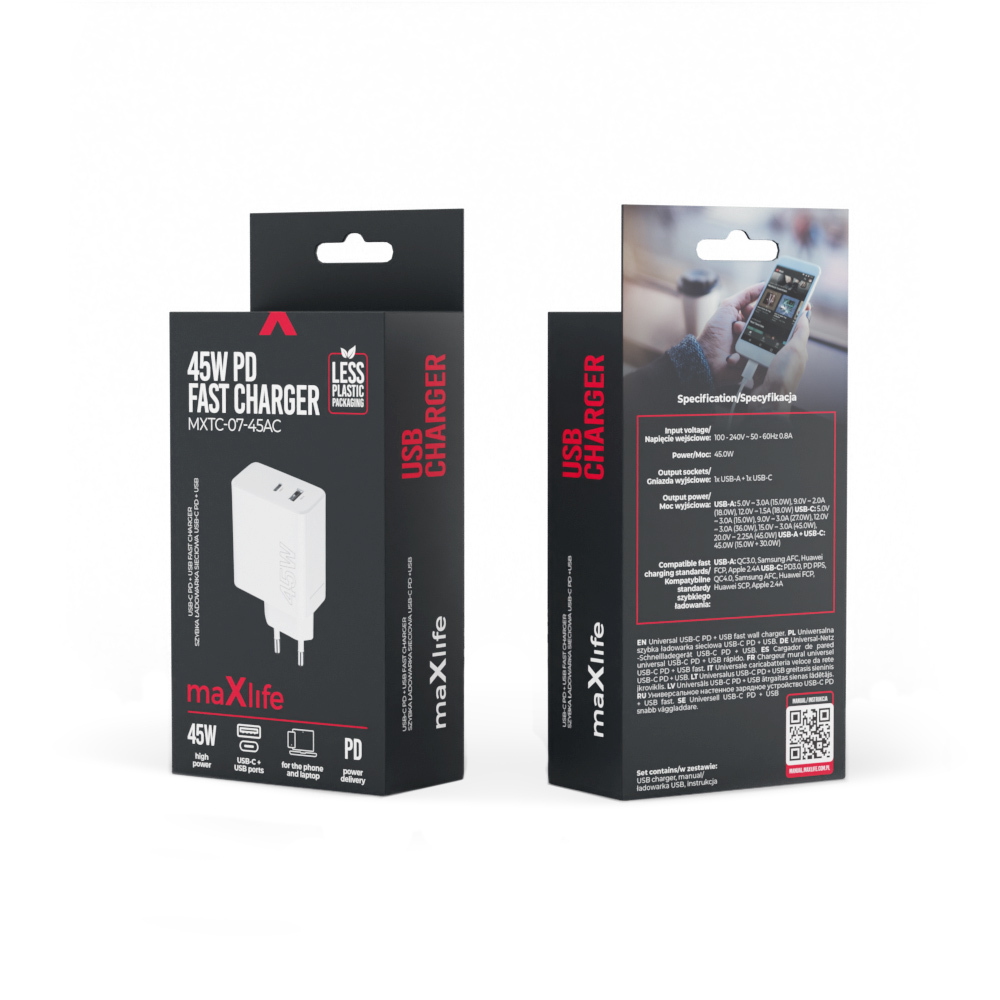 Szybka �adowarka 45W Maxlife 2 wej�cia USB-A i USB-C z d�ugim kablem 2m do telefonu Oppo Reno 13FS 5G / 7