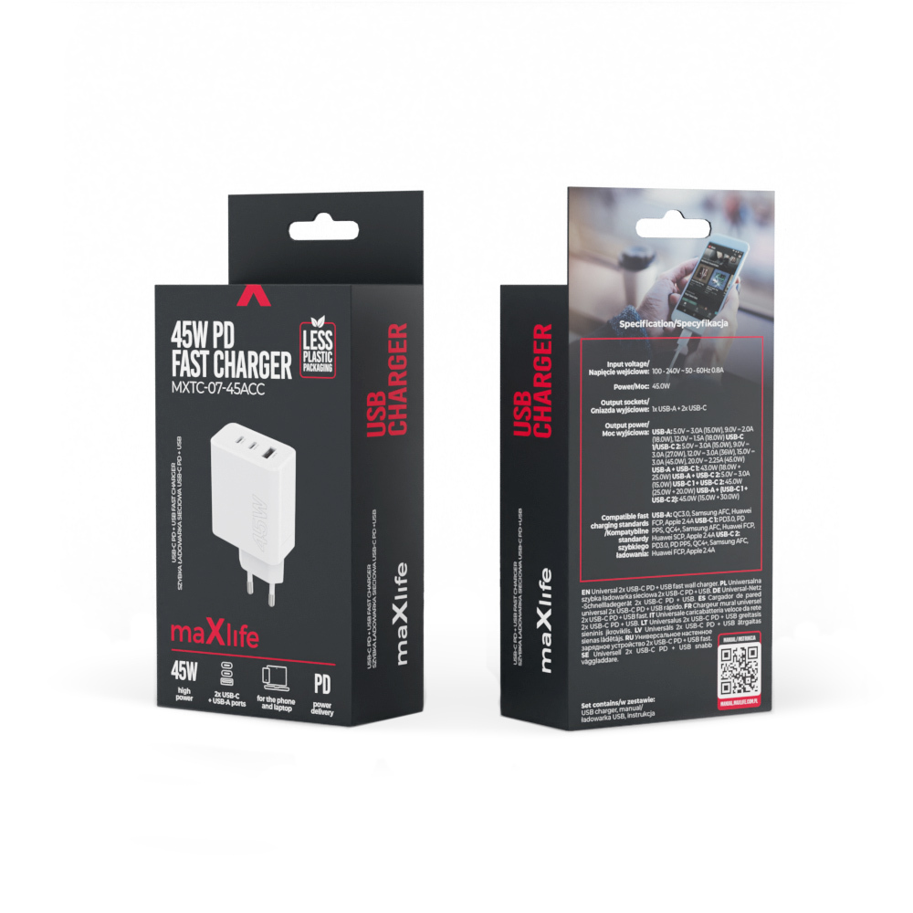 Szybka �adowarka 45W Maxlife 3 wej�cia USB-A i USB-C z d�ugim kablem 2m do telefonu bia�a Oppo Reno 13FS 5G / 8