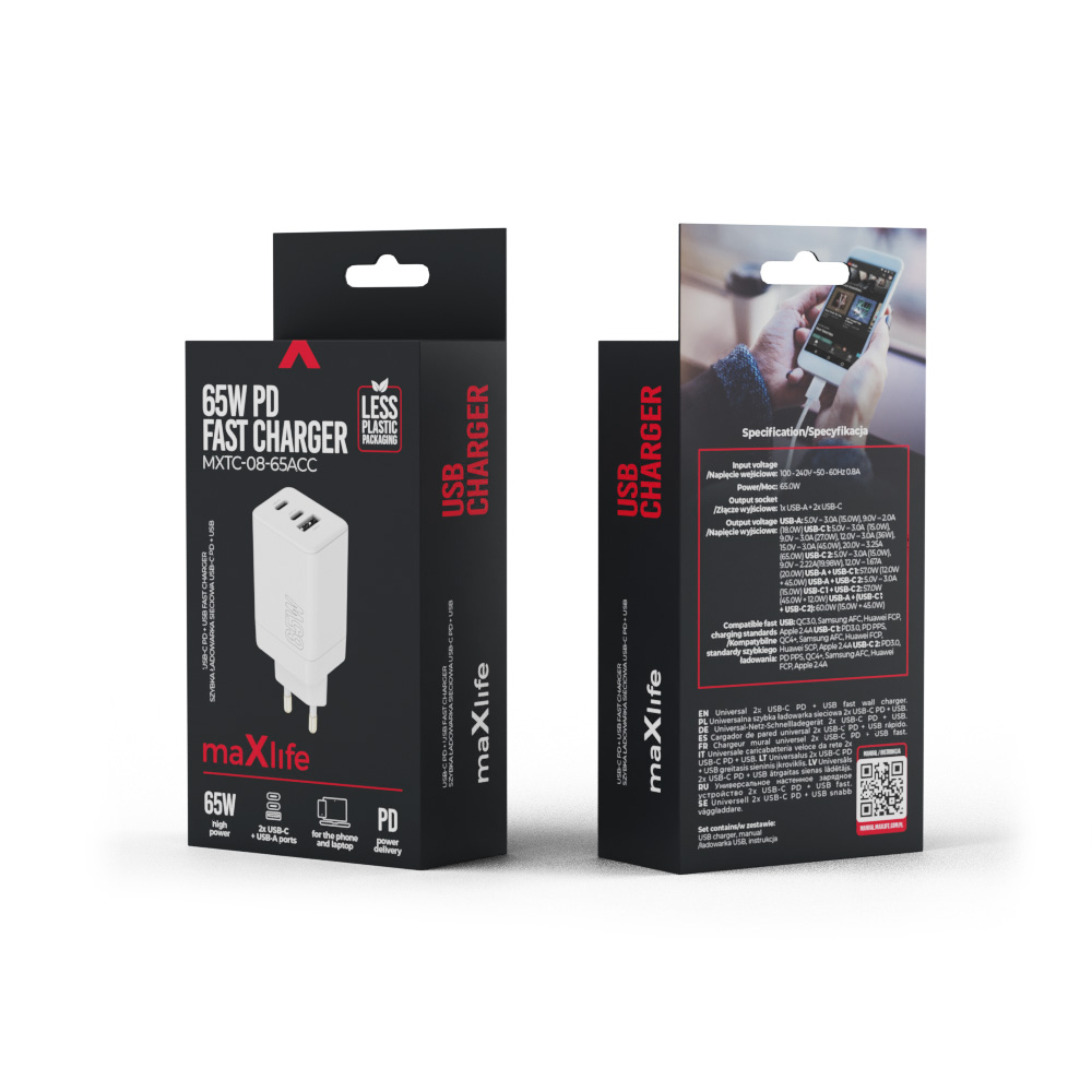 Szybka �adowarka 65W Maxlife sama kostka bez kabla USB-C do telefonu 3 wej�cia bia�a Oppo Reno 13FS 5G / 11