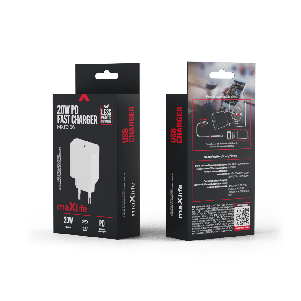 Szybka �adowarka do telefonu 20W Maxlife sama kostka z wej�ciem USB-C bez kabla bia�a Oppo Reno 13FS 5G / 7