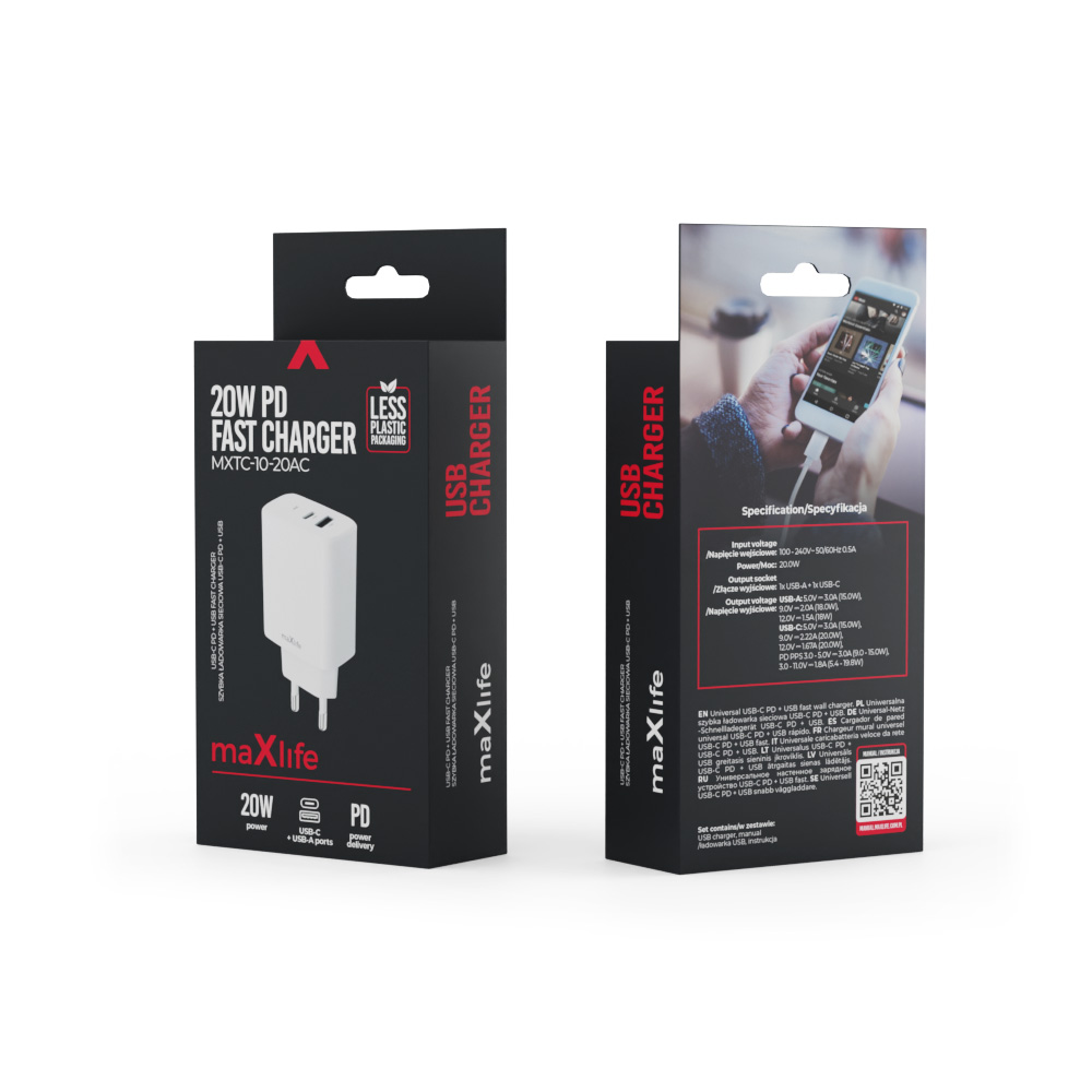 Szybka �adowarka do telefonu Maxlife 20W 2 porty USB-A i USB typu C Oppo Reno 13FS 5G / 12